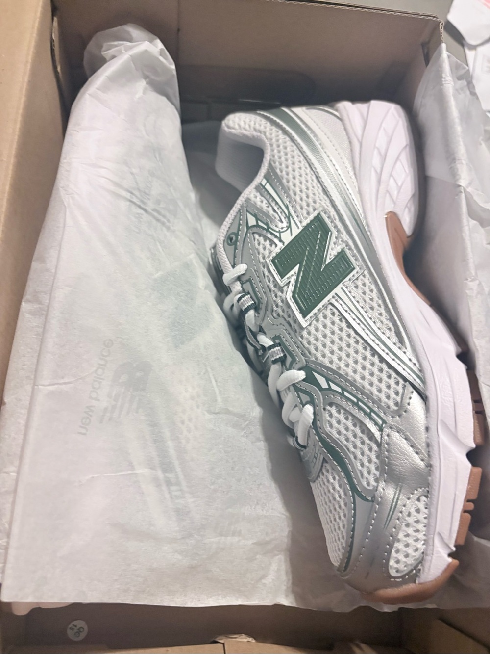 New Balance White & Green Mesh Trainer with Gum Outsole